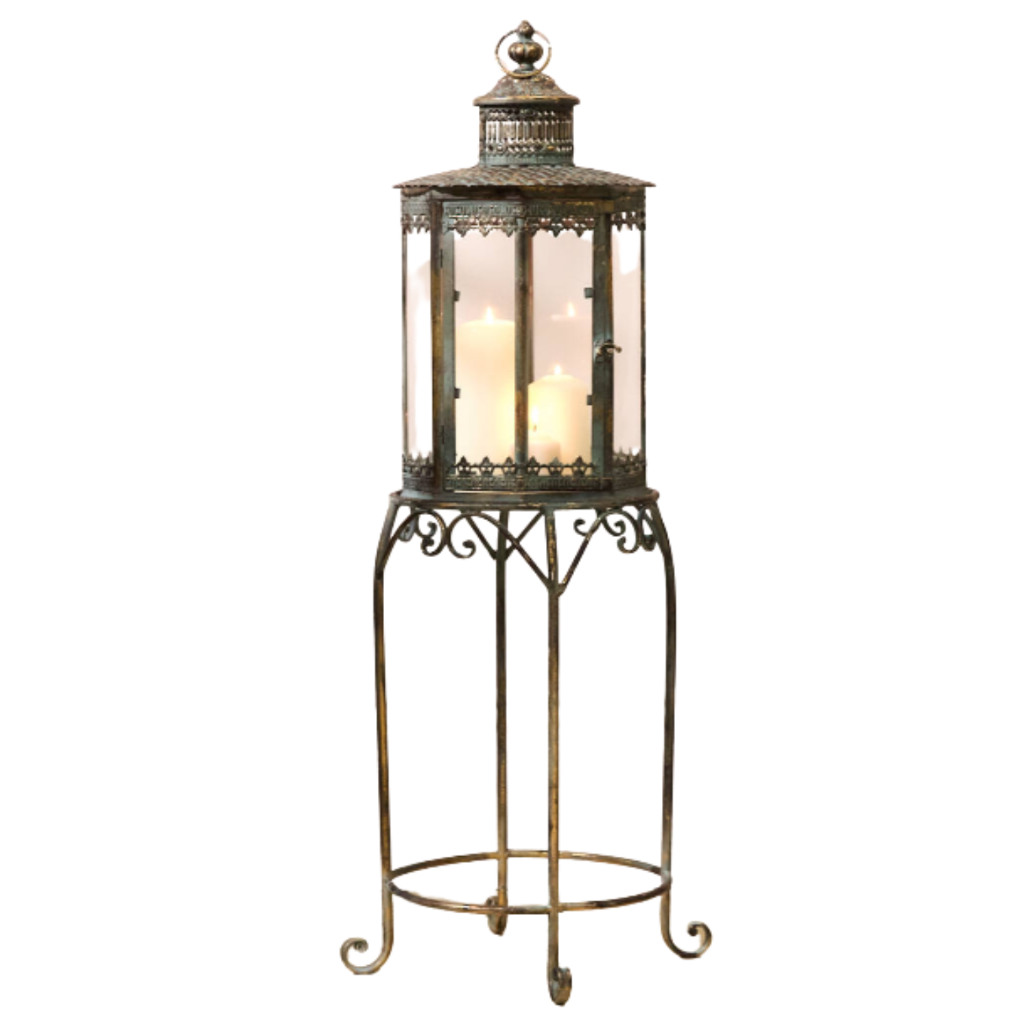 an antique style metal lantern on legs with two candles inside