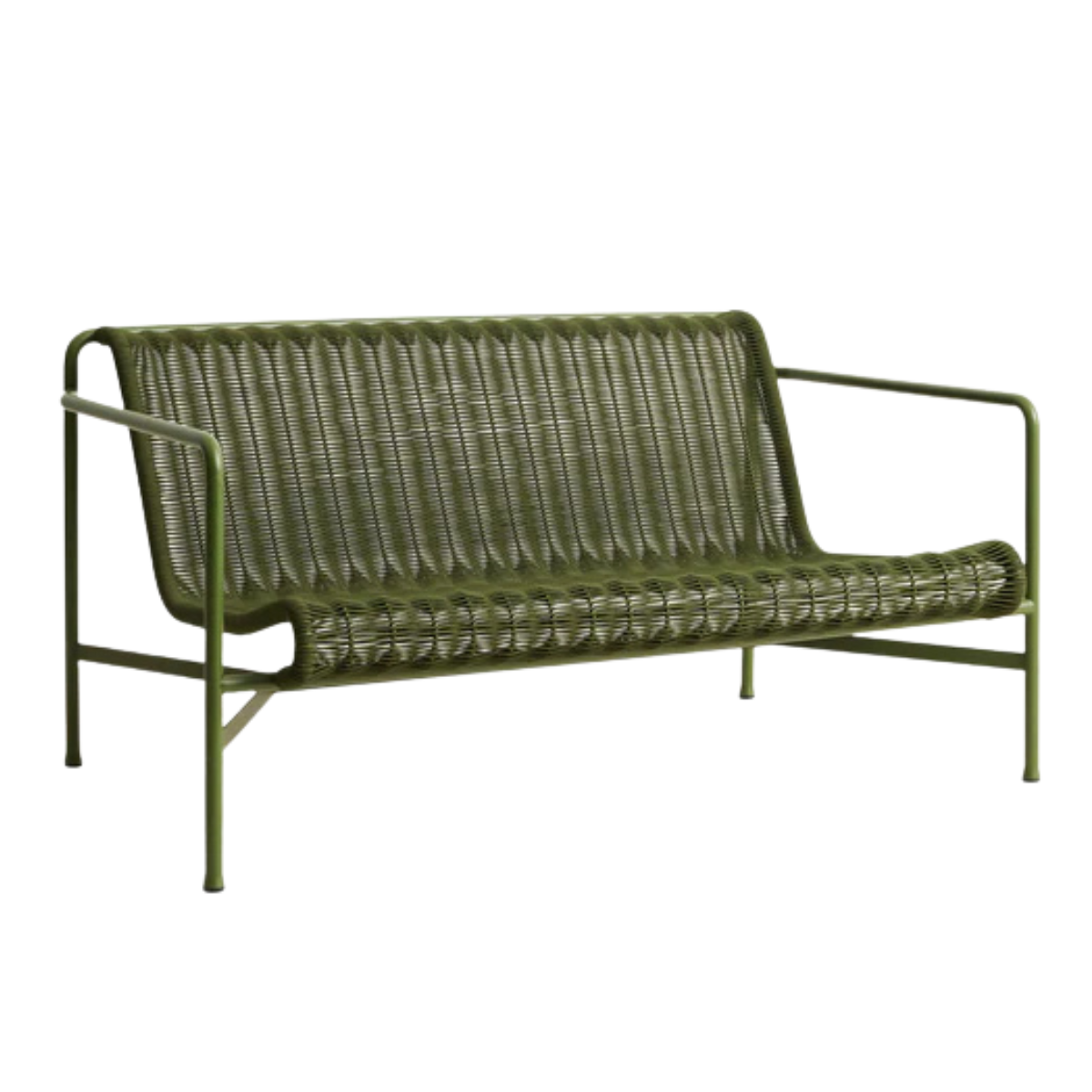 an olive green woven style outdoor sofa with metal legs