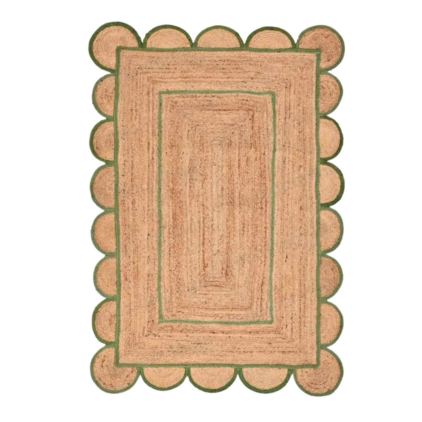 a jute rug with green borders and scalloped edge