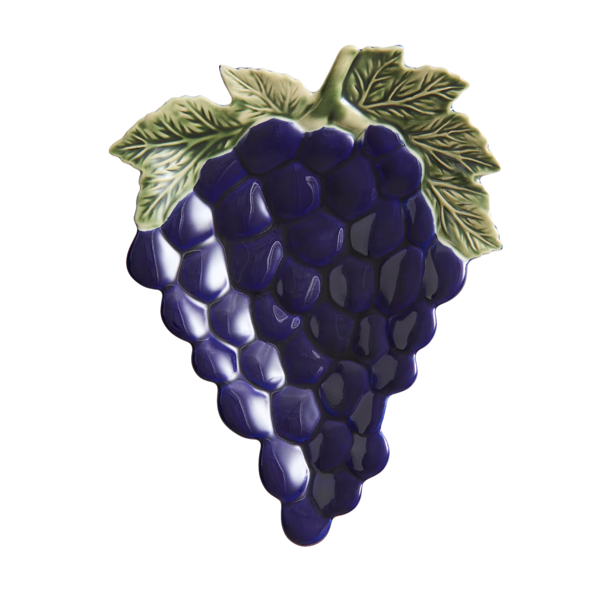 navy and green serving plate in the shape of a bunch of grapes
