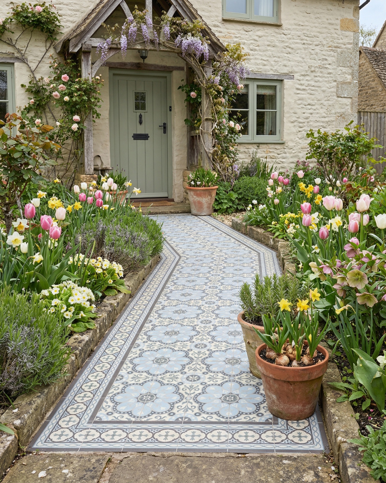 a front garden with a patterned tile path leading up to a green door and porch with lots of colourful flowers all over the garden