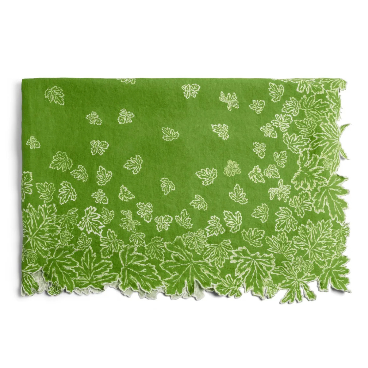 bright green tablecloth with white geranium leaf embroidery