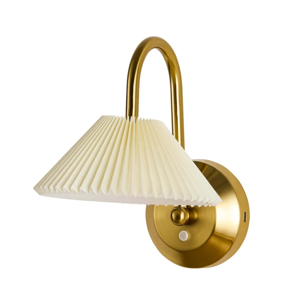 gold wall light with white pleated shade