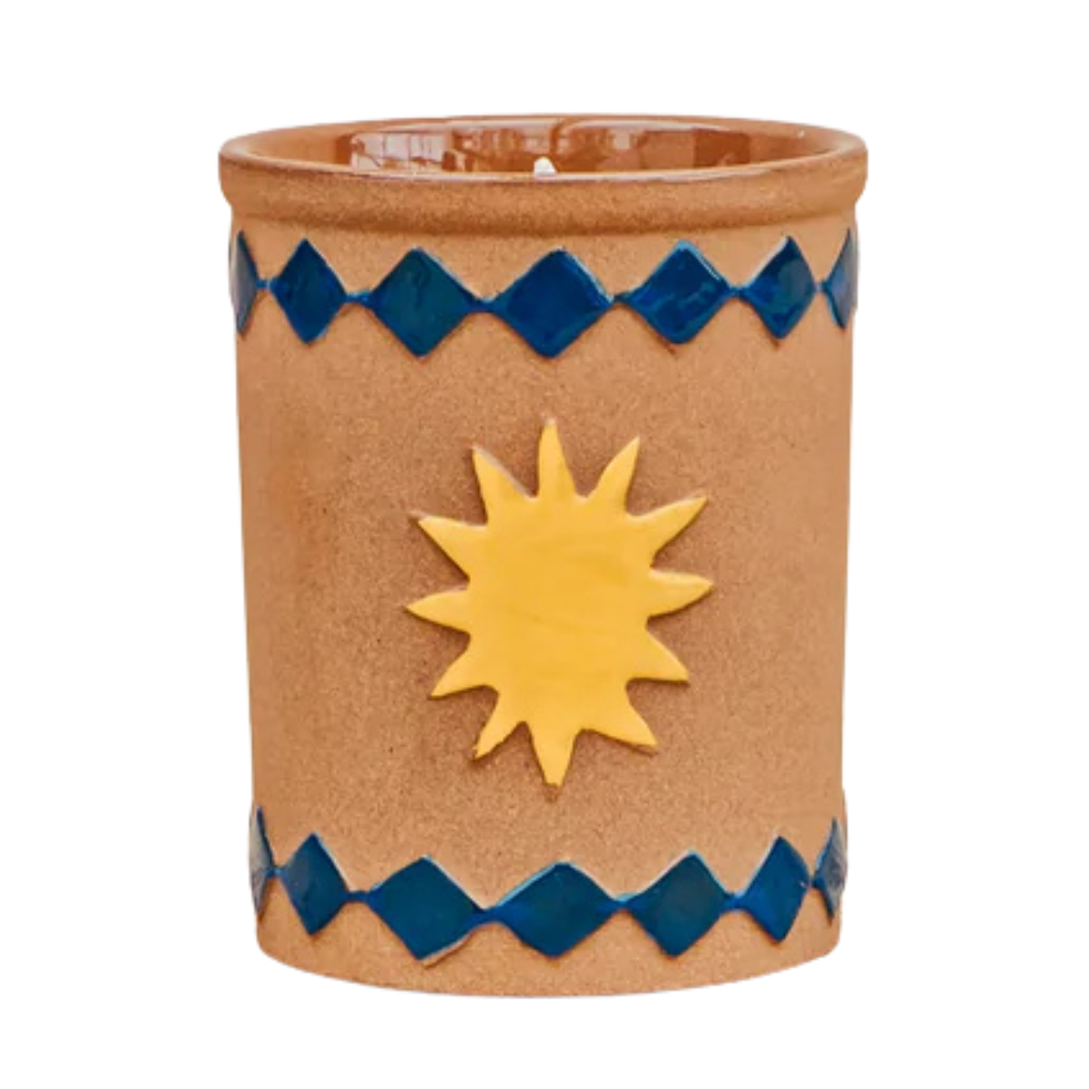 a terracotta candle with blue diamond borders and a yellow sun in the centre