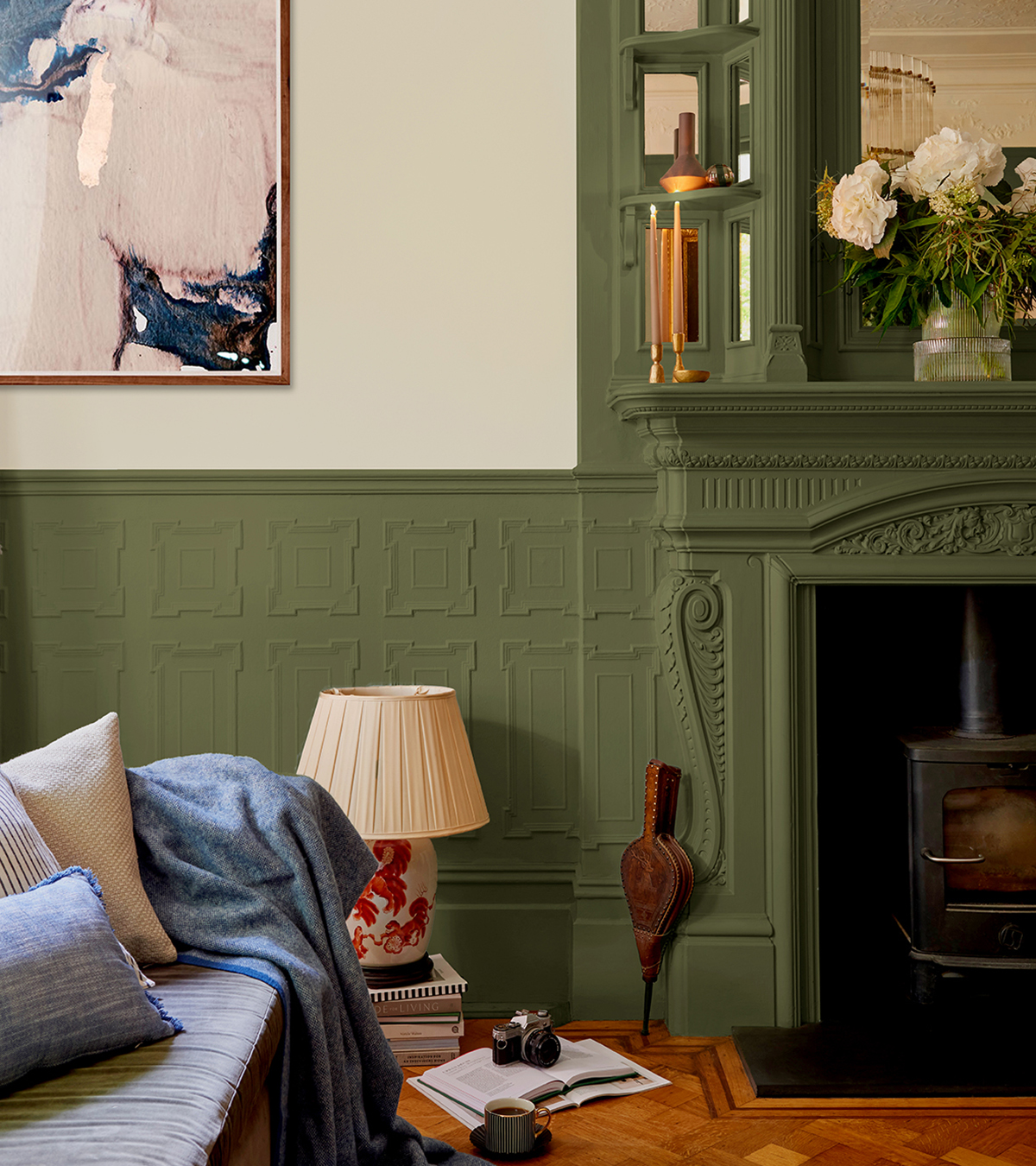 living room with olive green fireplace