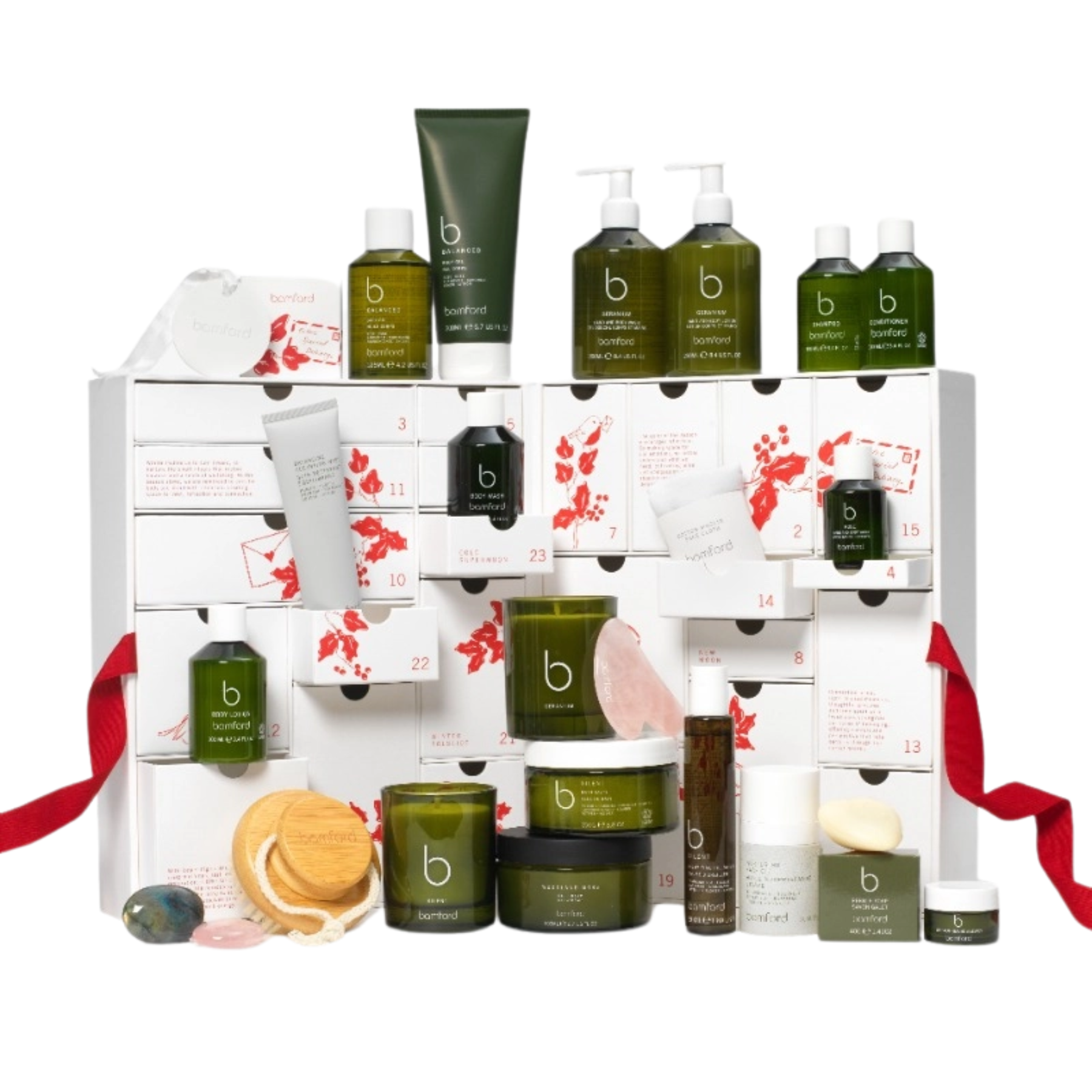 Bamford 2026 beauty advent calendar featuring a white multi-drawer cabinet filled with luxury skincare, bath, body products, candles, and accessories
