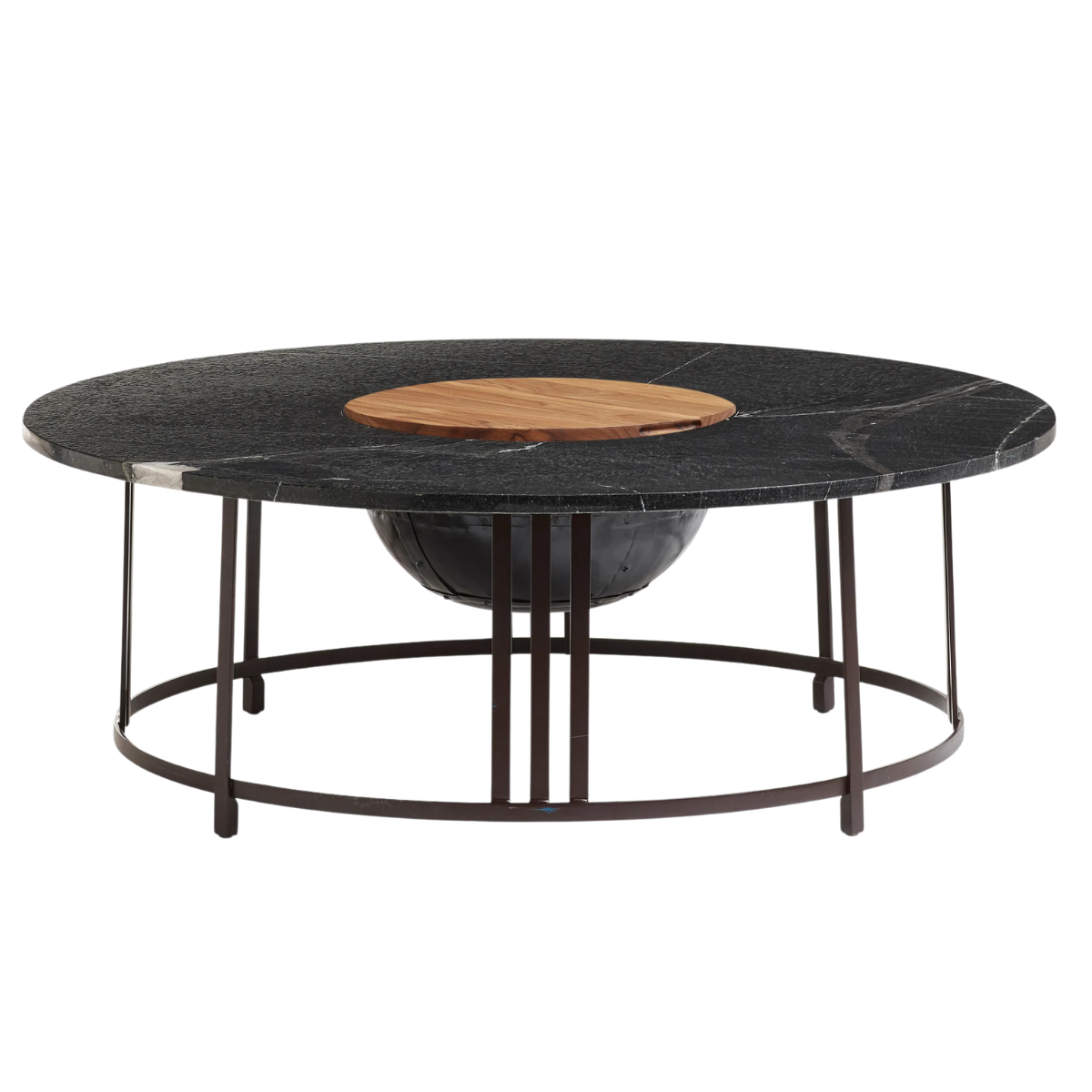 a large black granite circle fire pit with a teak lid