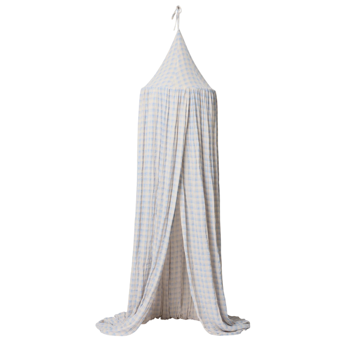 a white and blue gingham bed canopy