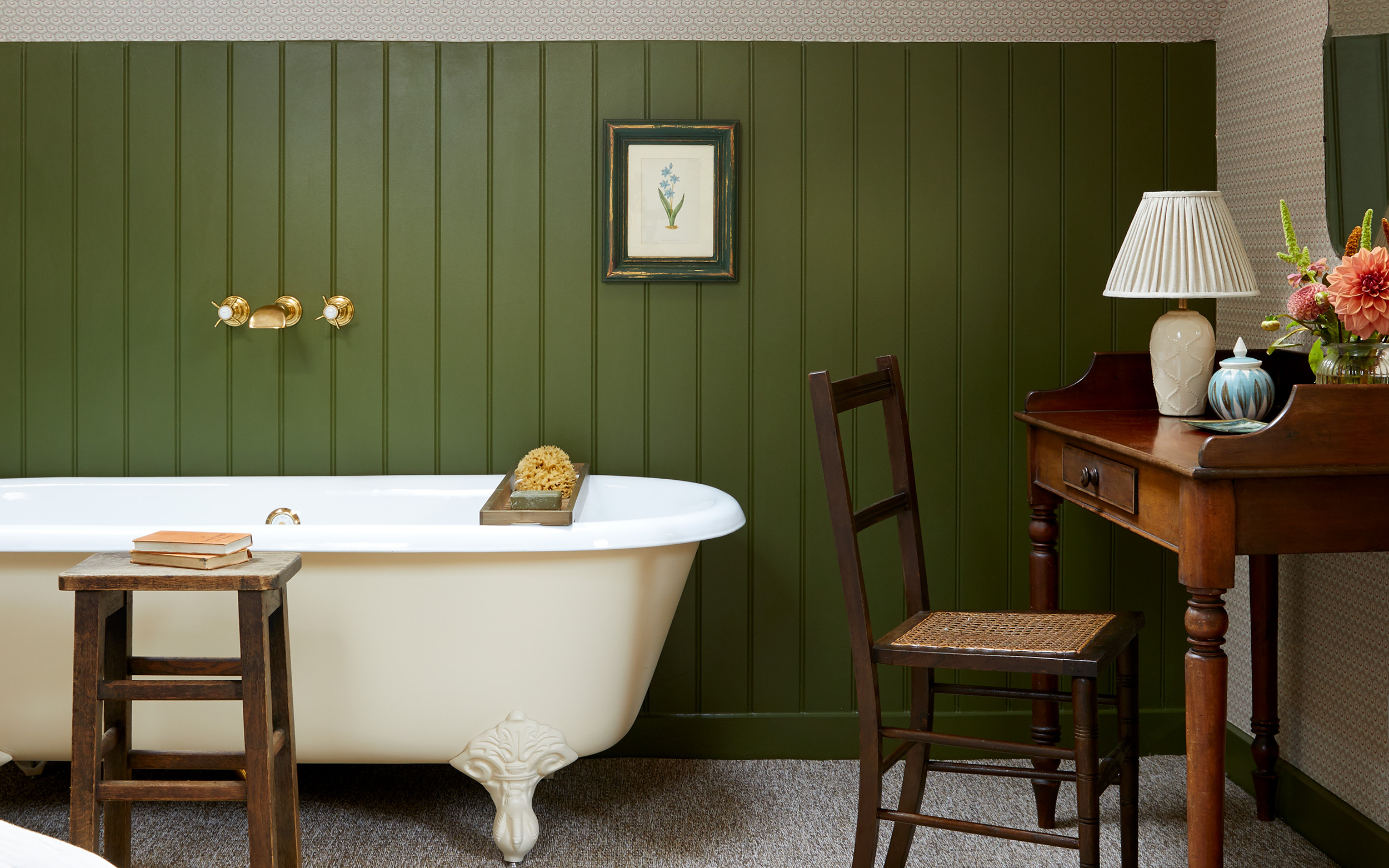 green bathroom with tongue and groove panelling