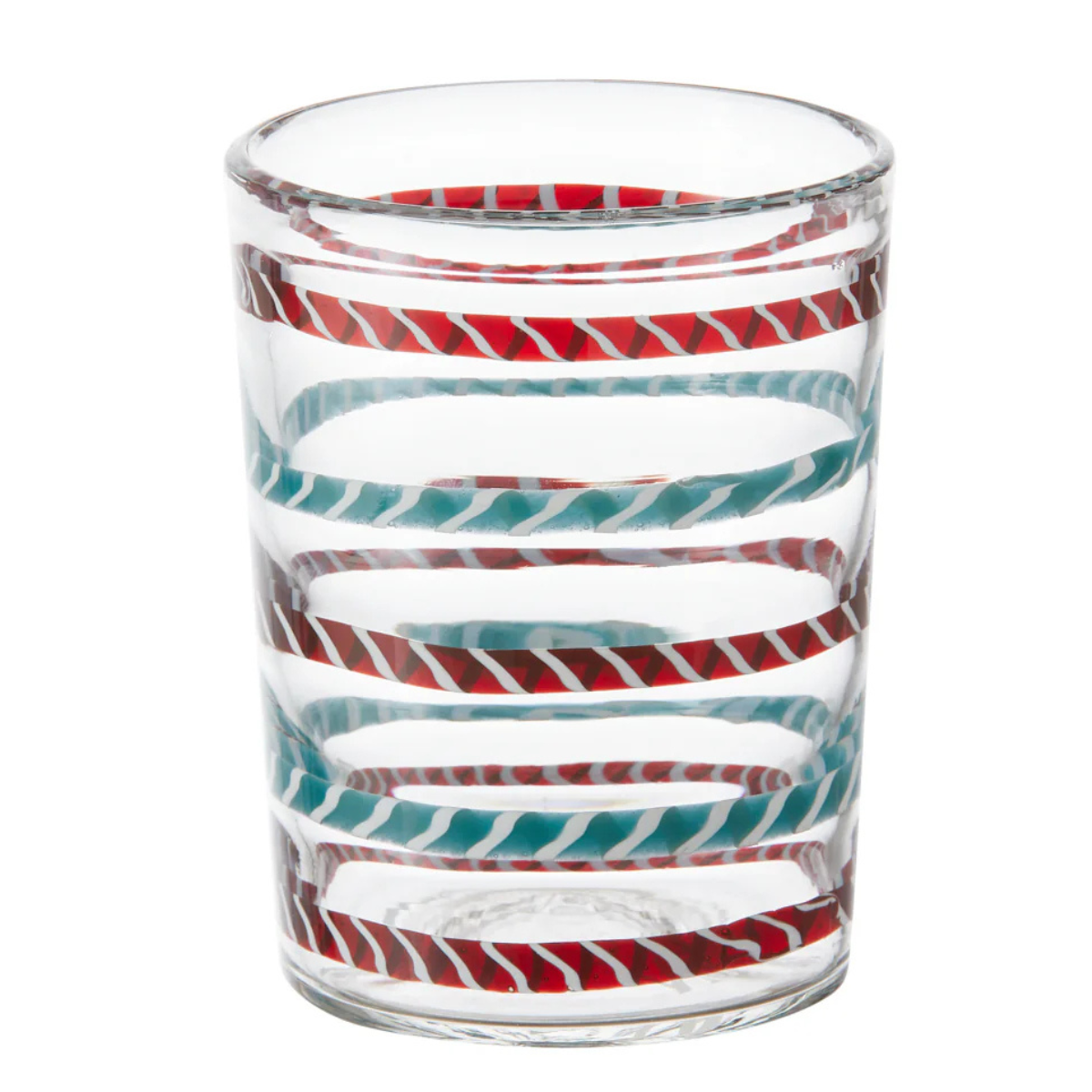 a glass tumbler with blue and red candy stripes