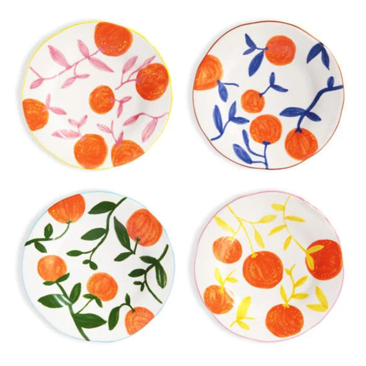 A SET OF 4 LUNCH PLATES WITH PAINTED ORAGNES AND MULTI COLOUR LEAVES
