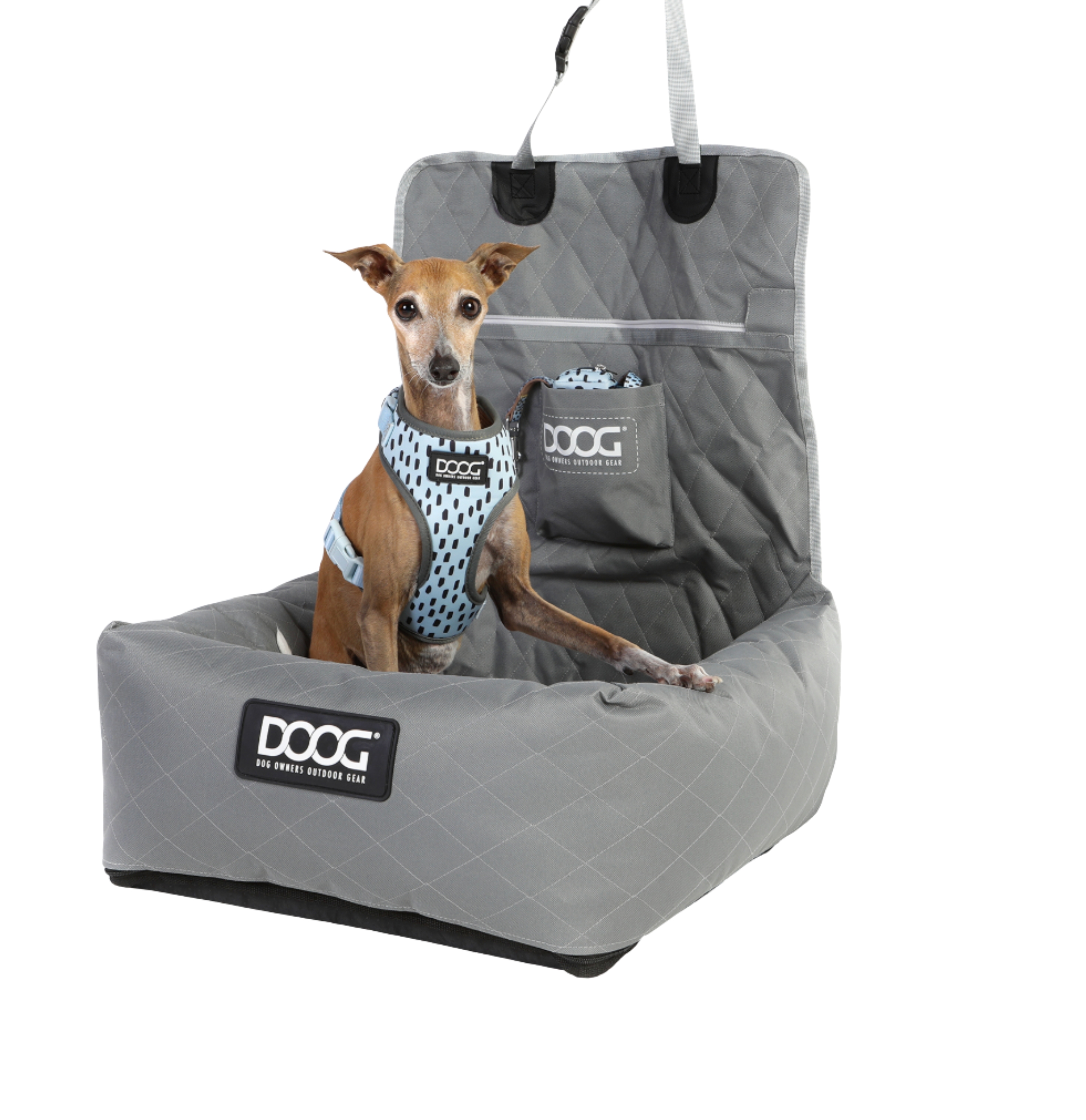 DOOG Car Seat for Dogs pictured with a small dog inside in Grey colour on a white background
