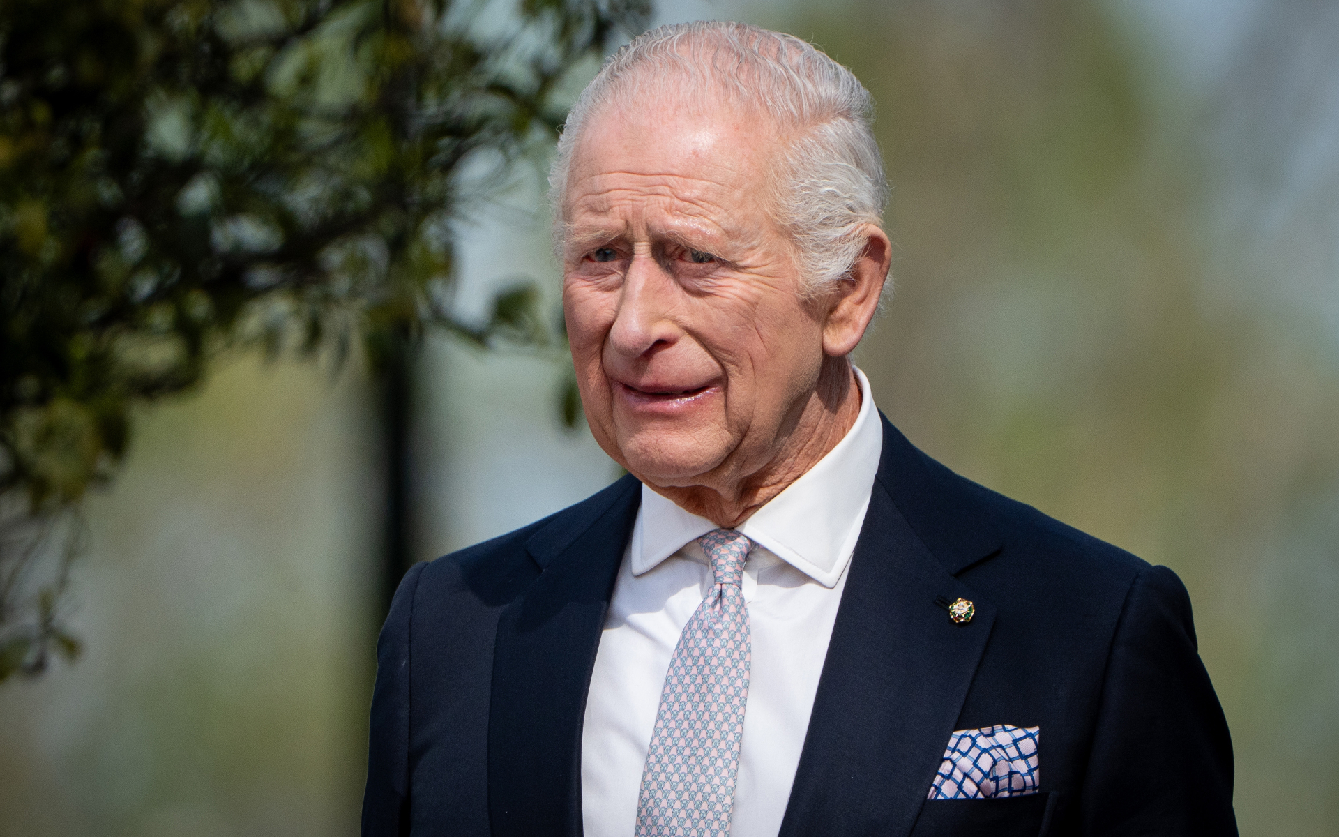 king charles III wearing a white shirt, grey polka dot tie and black blazer