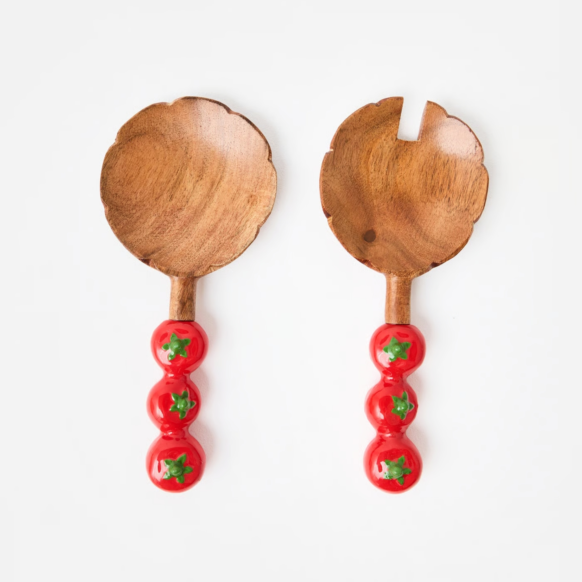Oliver bonas Tomato Handle Wooden Salad Servers pictured on a white background
