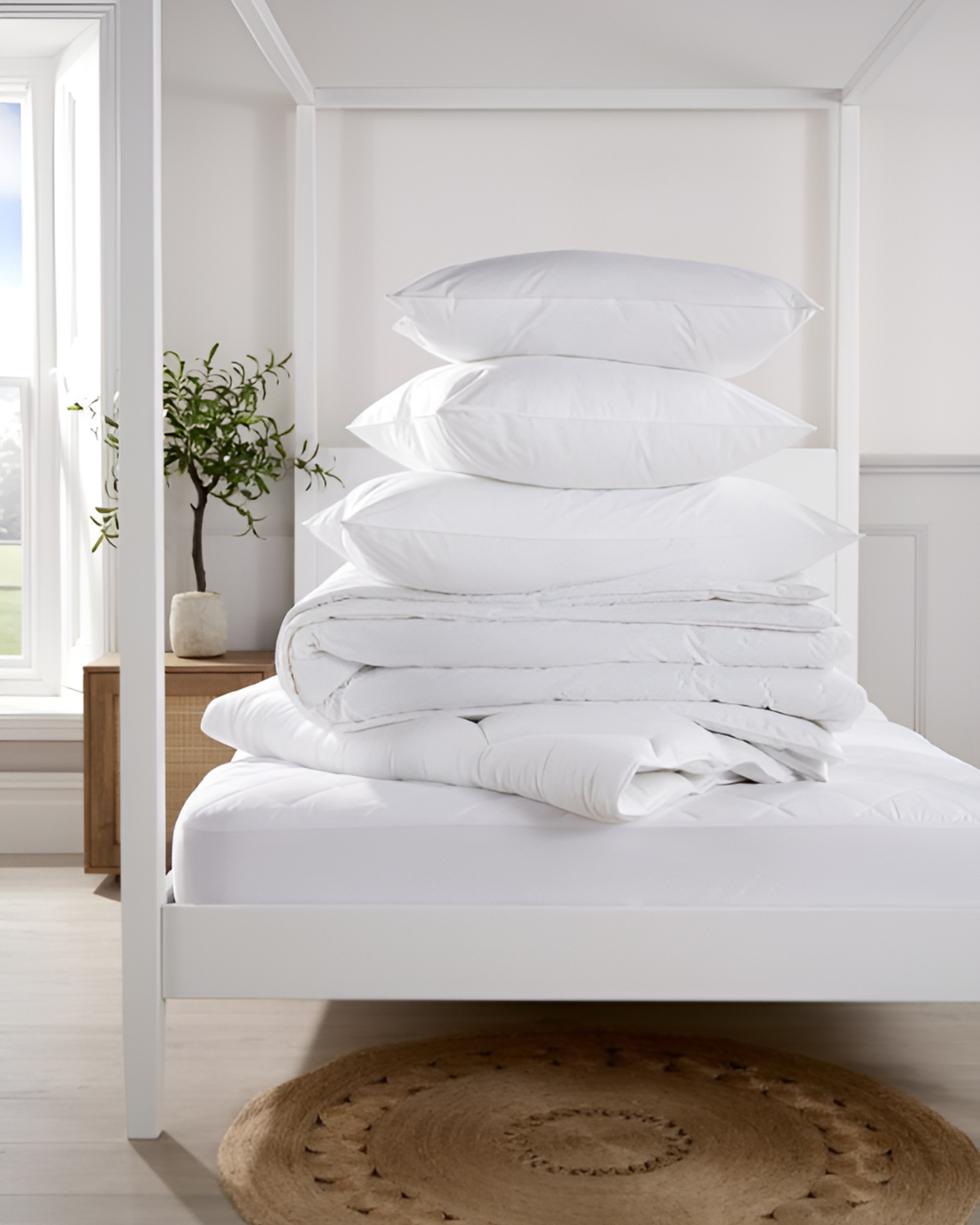 a stack of down pillows and duvet on top of a white four poster bed