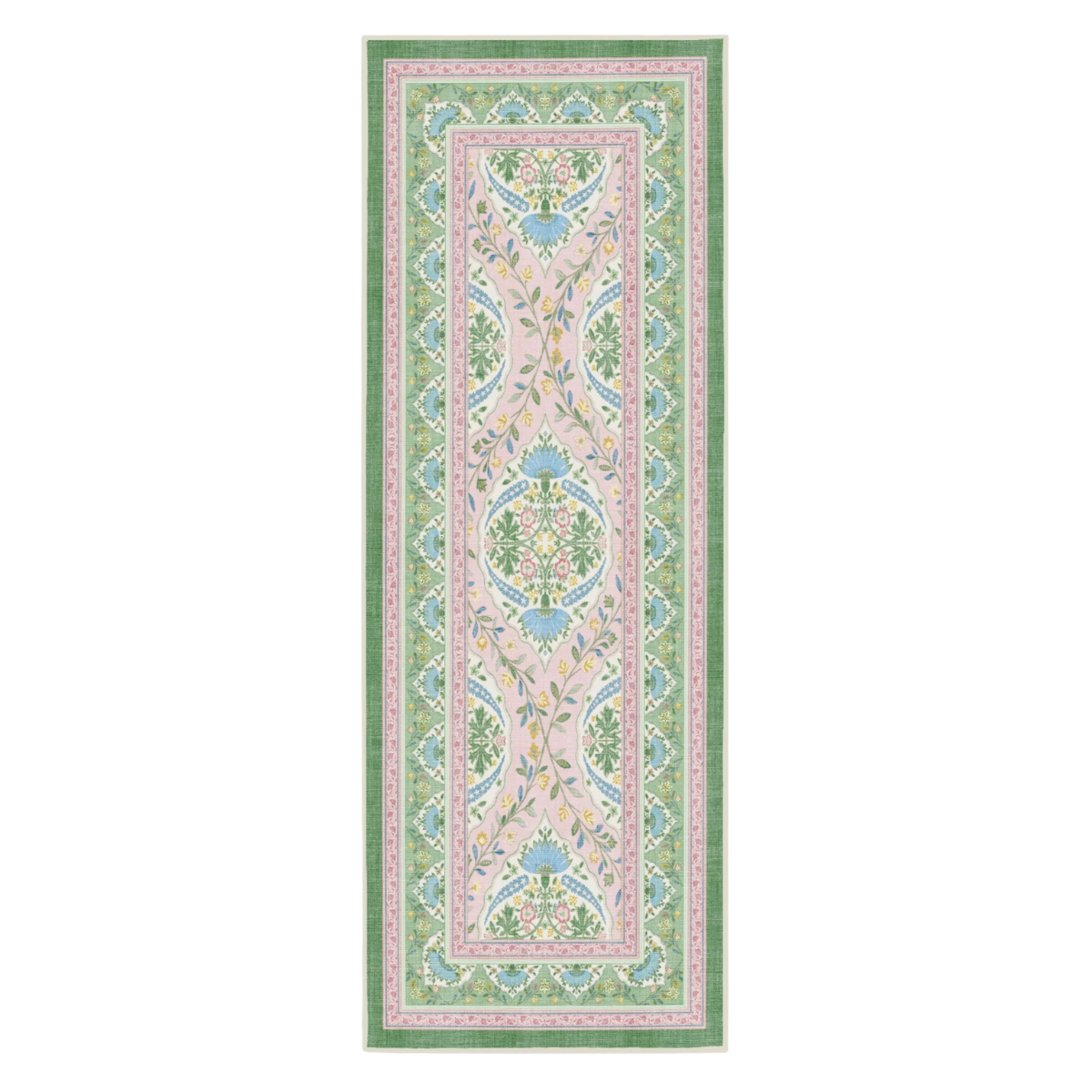 a green and pink patterned runner rug