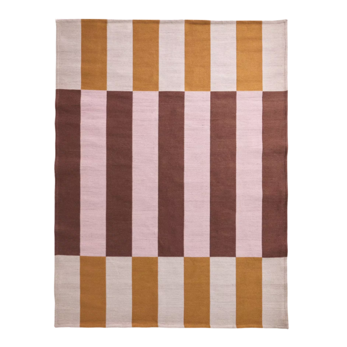 a rug with pink, brown, cream and dark yellow rectangles