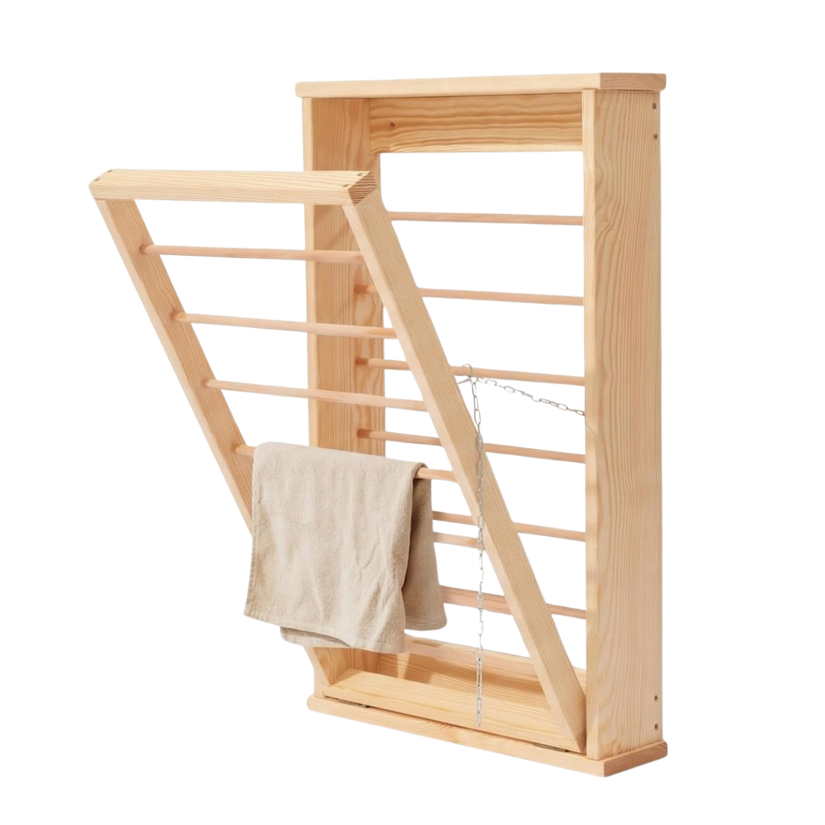 a wooden wall mounted drying rack with a beige cloth hanging on it