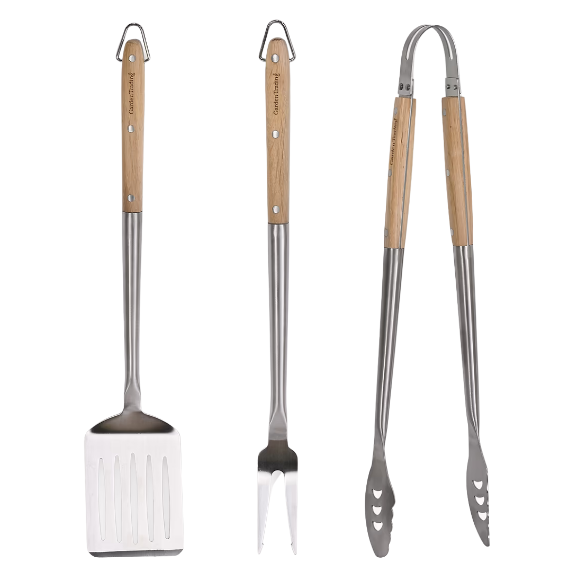 a set of three wood and metal bbq tools