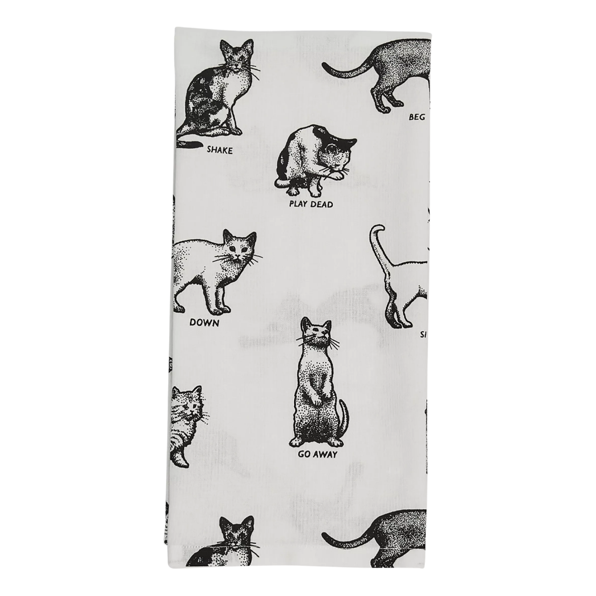 white tea towel with black cat illustrations
