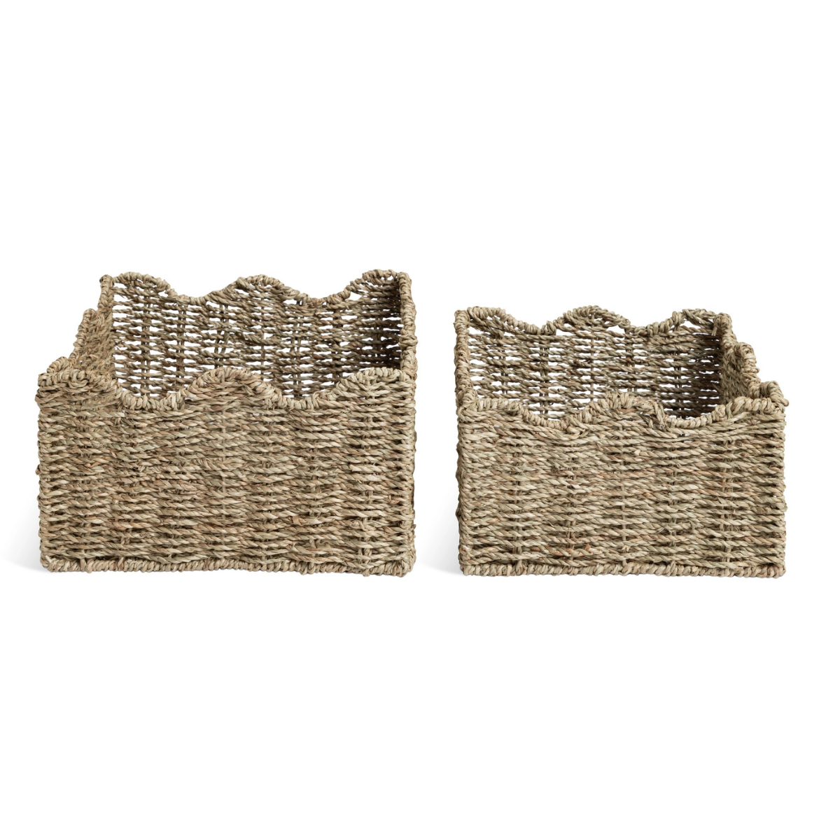 two seagrass storage baskets with a wavy edge