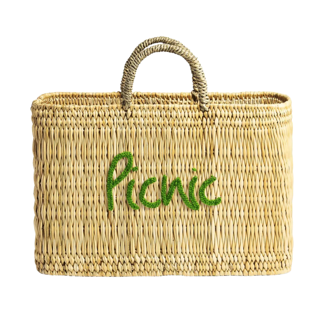 a wicker basket bag with green picnic writing
