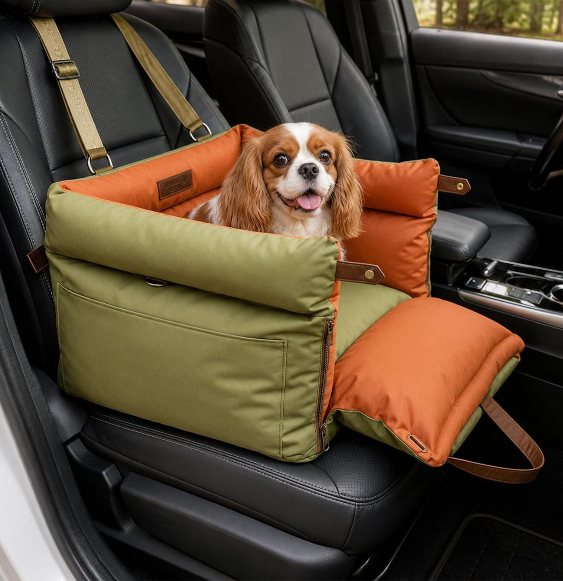 a waterproof dog car seat pictured in a car seat with a small dog inside 