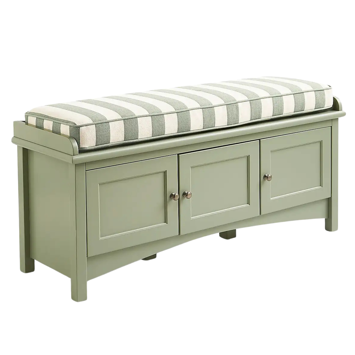 a sage green storage bench with a green and white stripe seat cushion