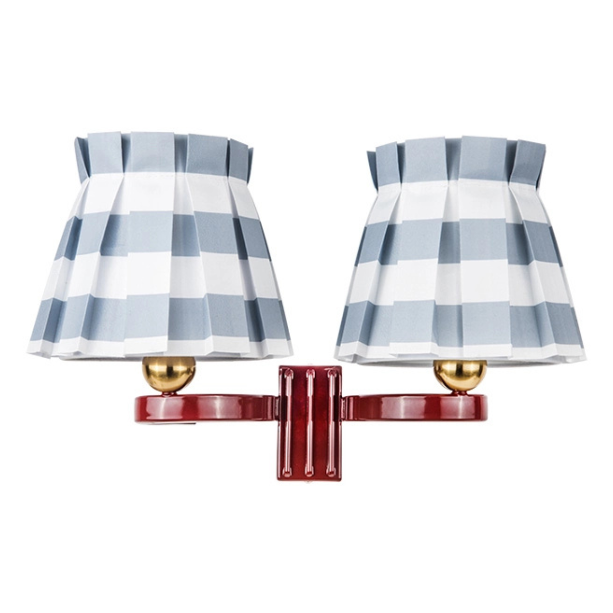 a twin wall light with blue and white stripe pleated lampshades and a red base