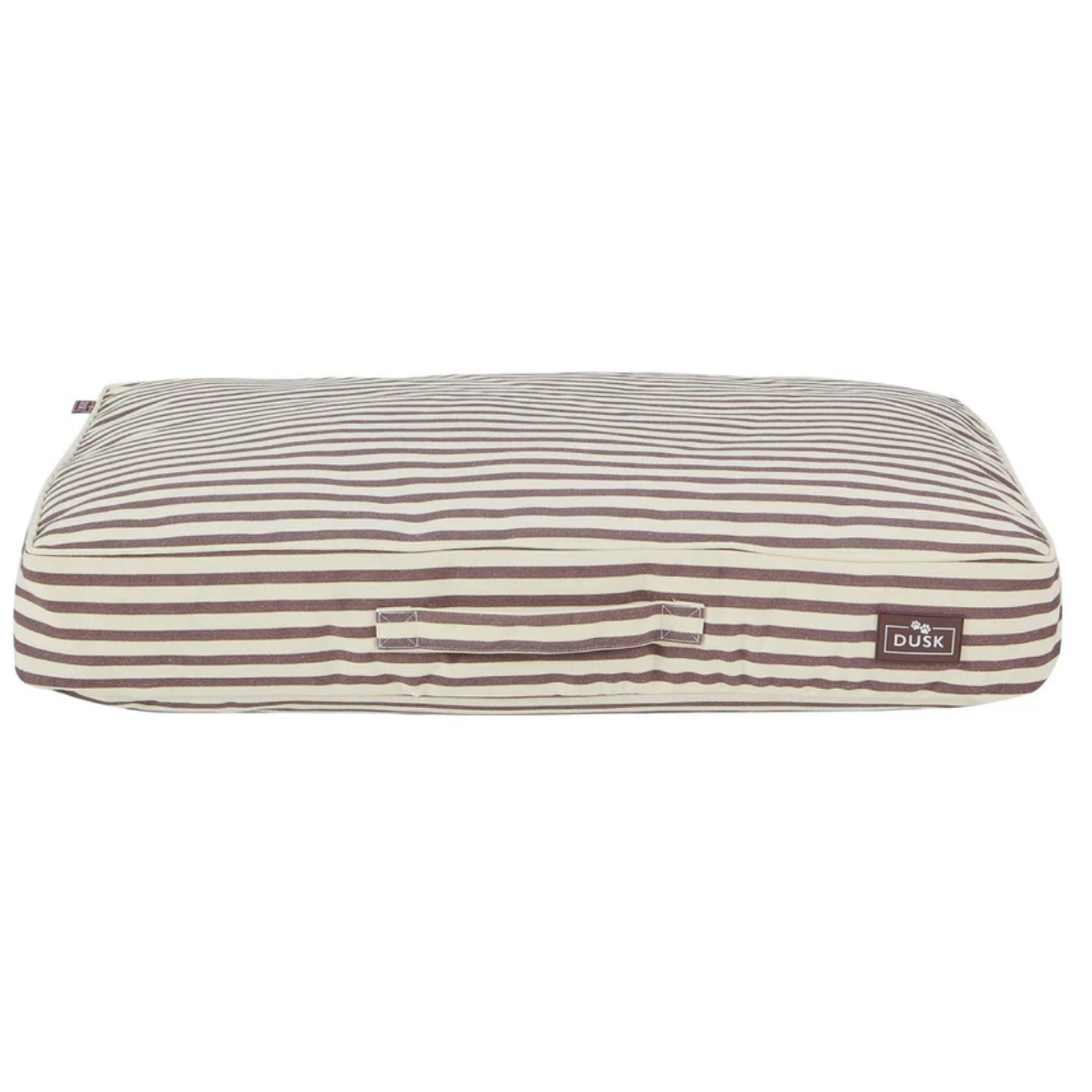 a white and brown stripe dog pillow bed