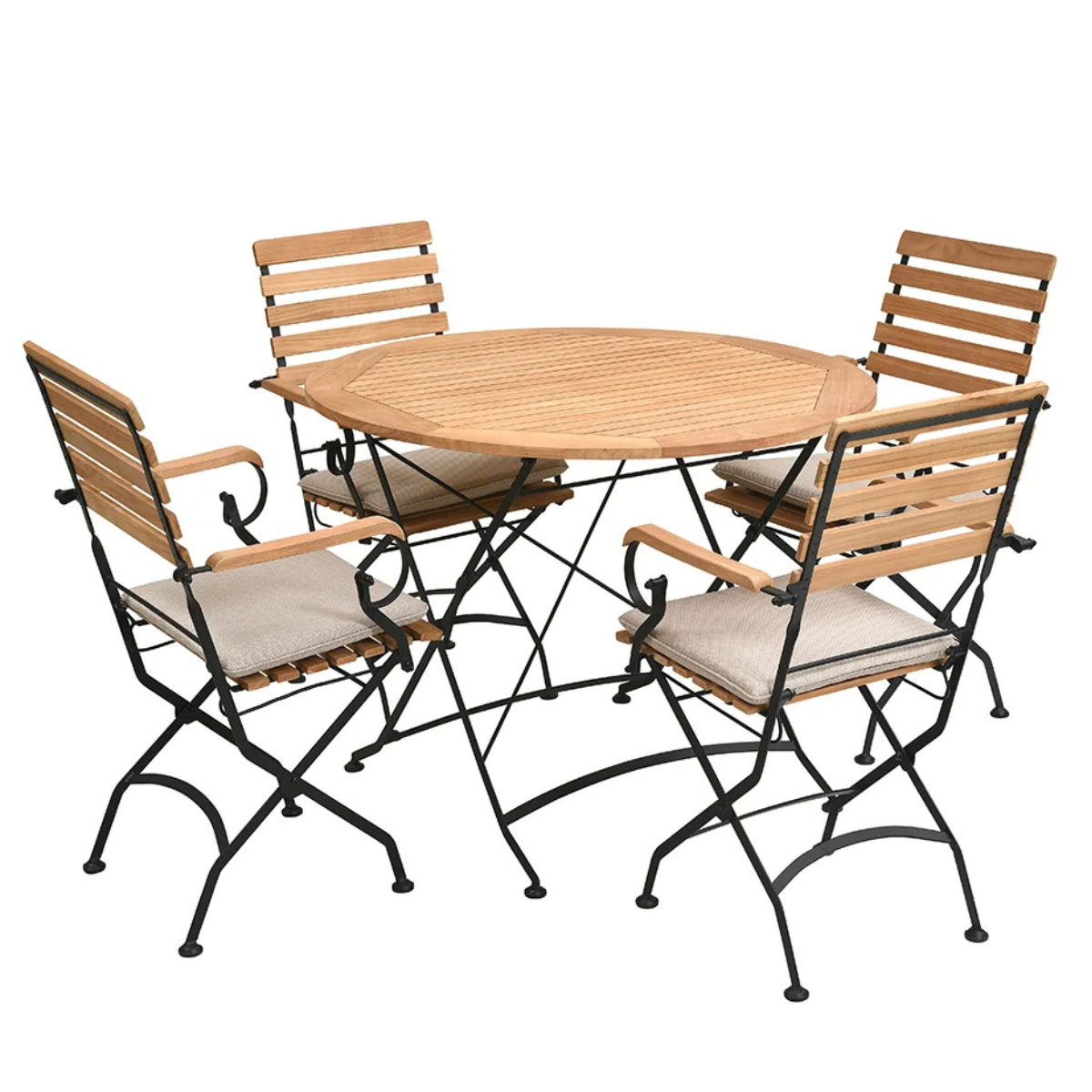 wood and black metal four seater bistro set with cream cushions