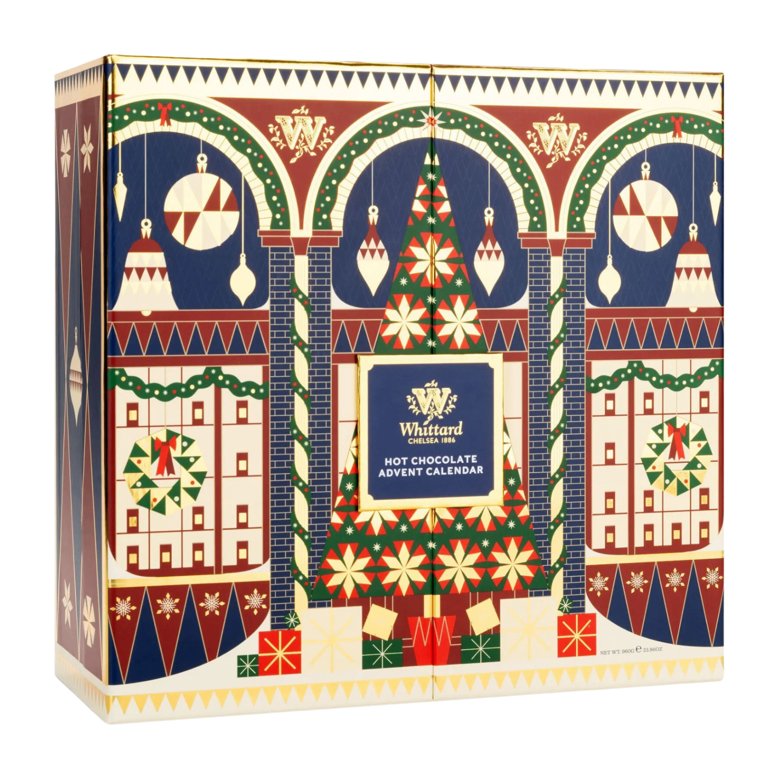 Whittard Hot Chocolate Advent Calendar featuring an ornate, festive architectural design in navy, red, green, and gold.