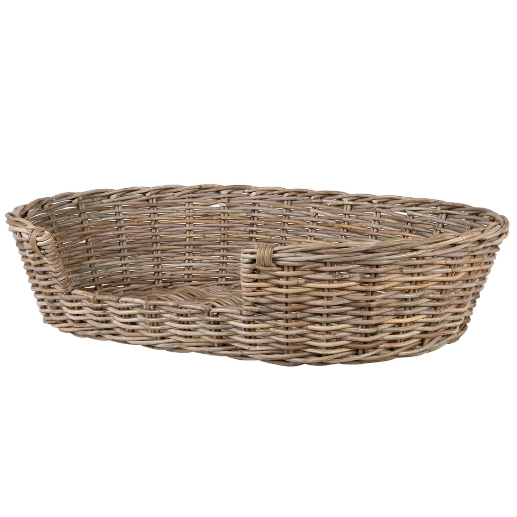 a beige woven oval pet bed