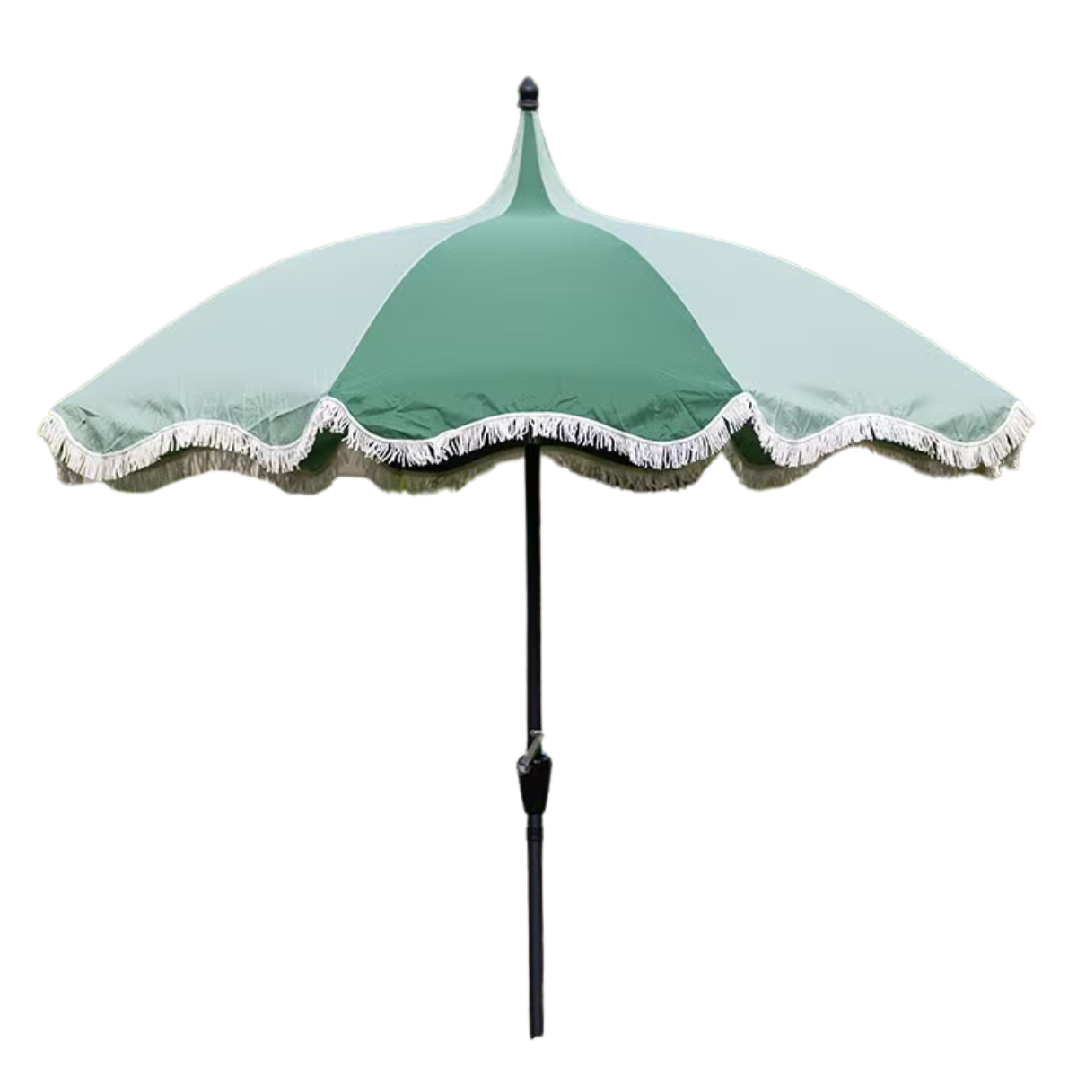 a tonal green stripe parasol with a fringed edge and black pole
