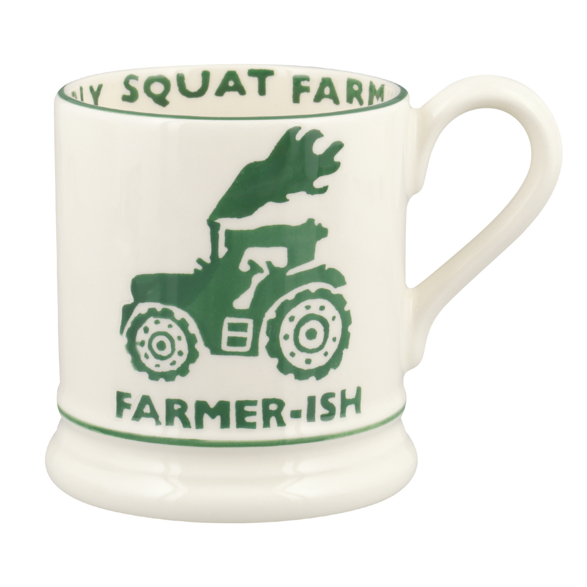 A WHITE EMMA BRIDGEWATER MUG WITH A GREEN PRINTED TRACTOR WITH TEXT THAT SAYS FARMER-ISH