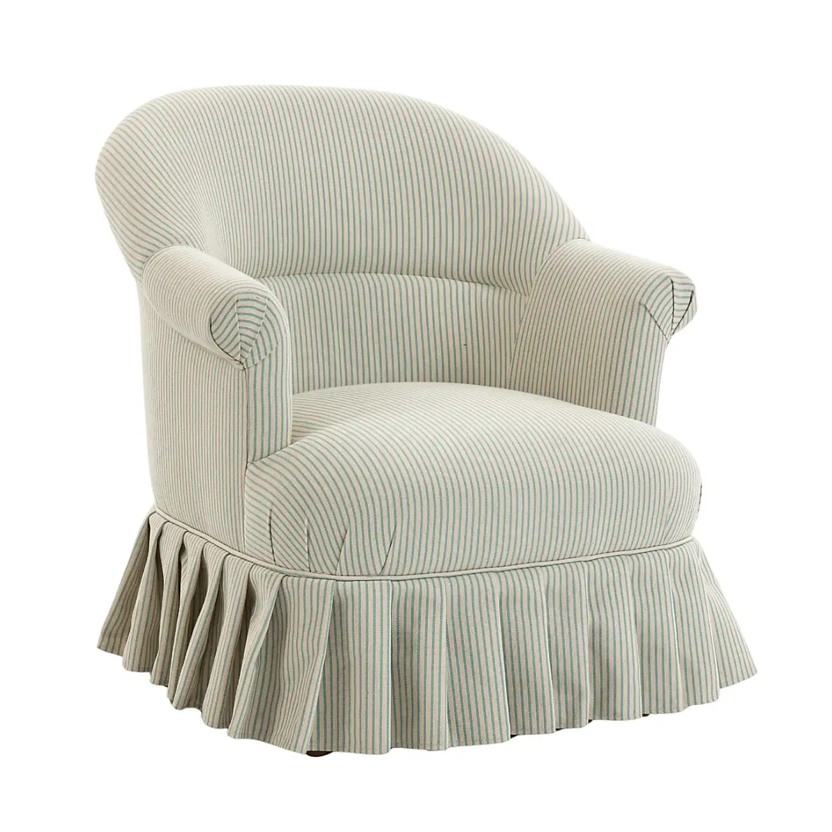white and green stripe skirted armchair