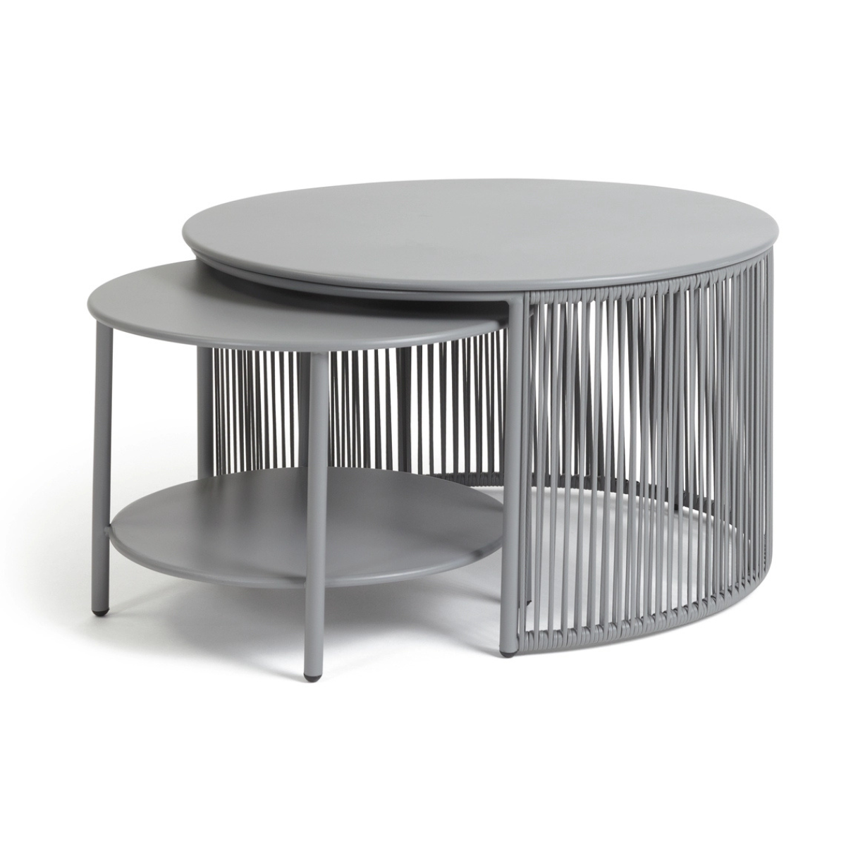 a set of 2 grey nesting outdoor coffee tables in a rattan effect