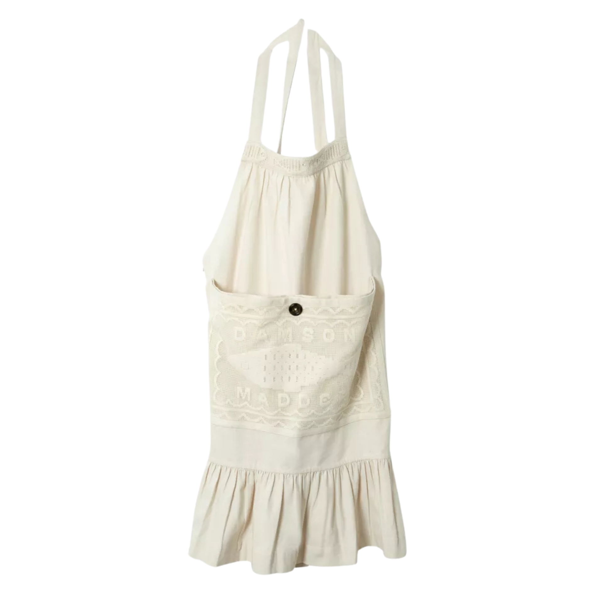 damson madder Nonna Cotton lace chic Apron in cream pictured hung on a white background