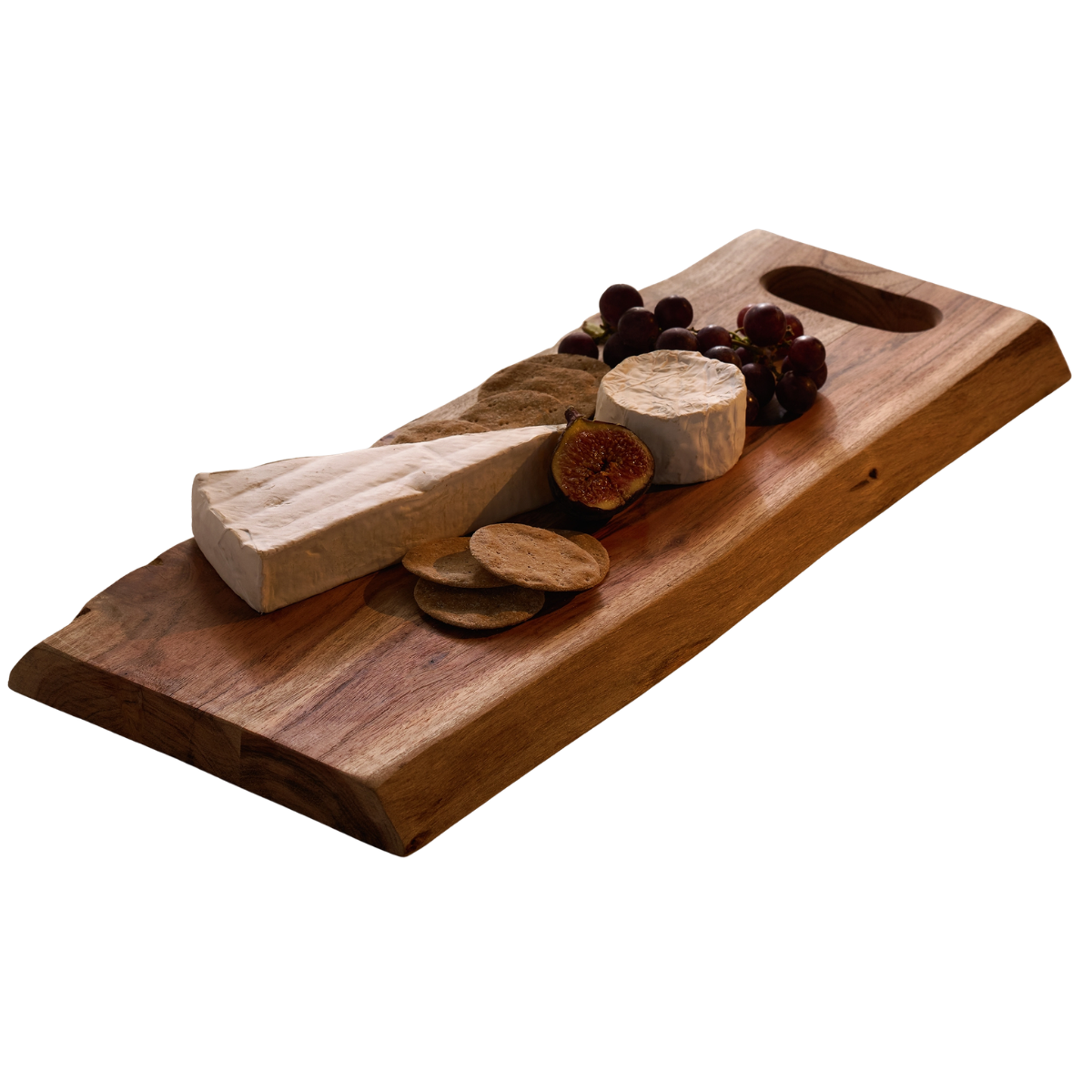 a wooden serving board with cheese, crackers and grapes on top