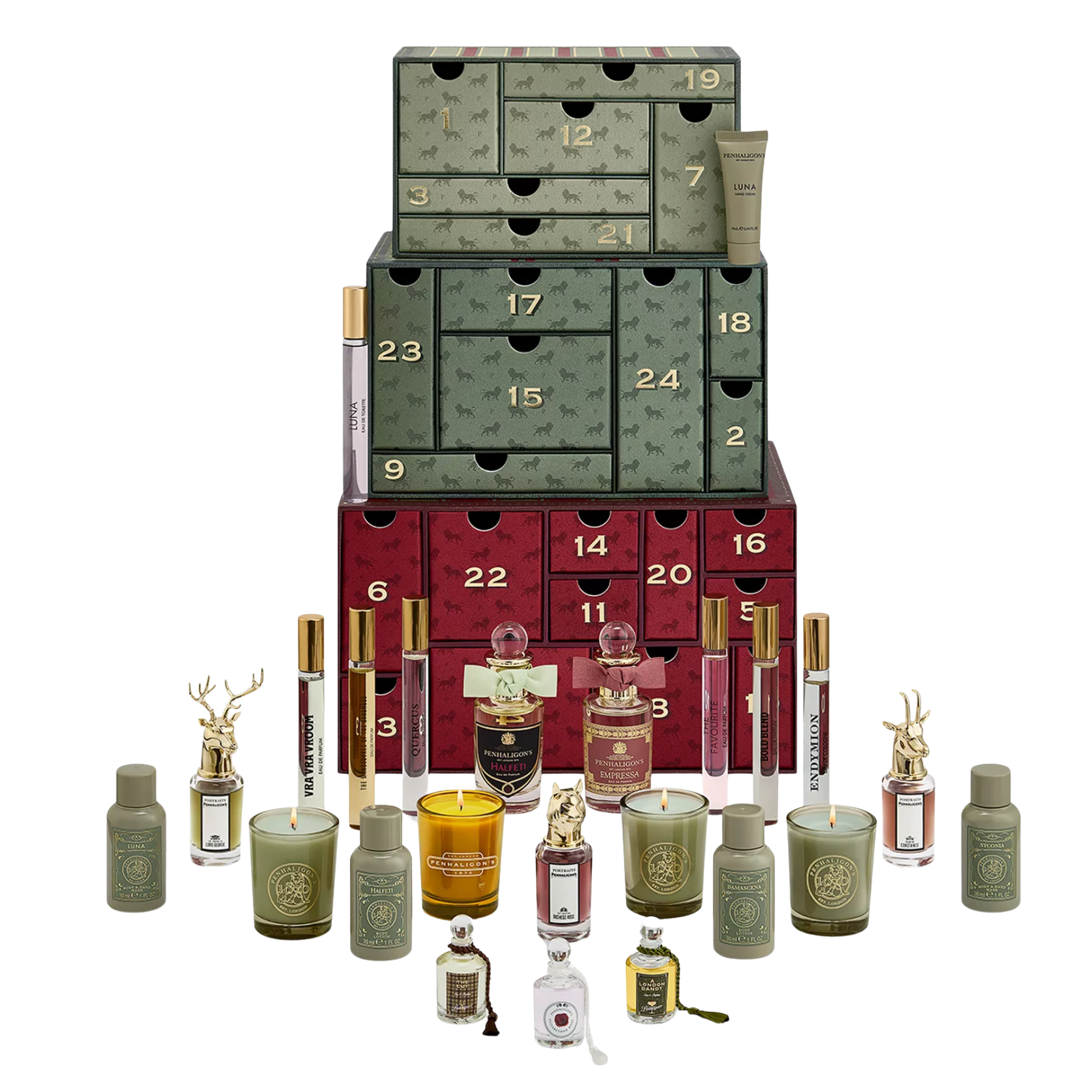 Penhaligon's advent calendar formatted as three stacked green and red drawer chests, surrounded by luxury perfumes, travel sprays, and candles