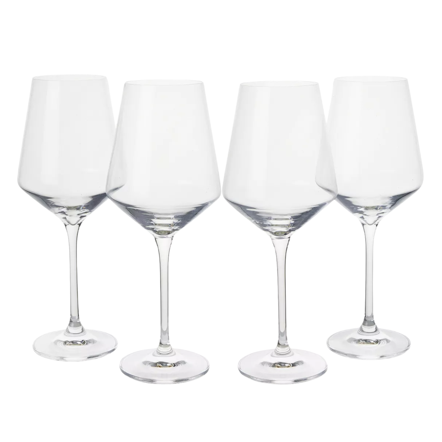 Set of four clear glass wine glasses lined up side-by-side against a plain white background. Each stemware features a slender stem, round base, and a modern, angular tapered bowl