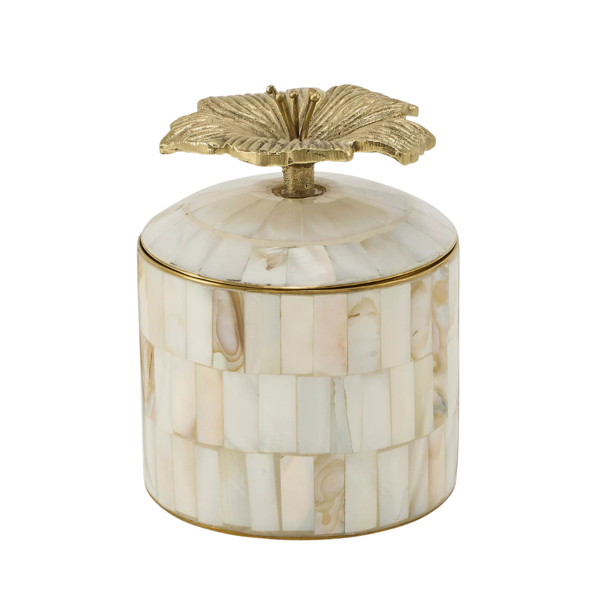 a mother of pearl trinket box with a large gold 3d hibiscus flower on top of the lid