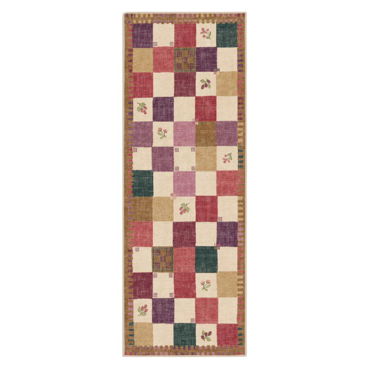 a multi coloured checkerboard runner rug with small fruit