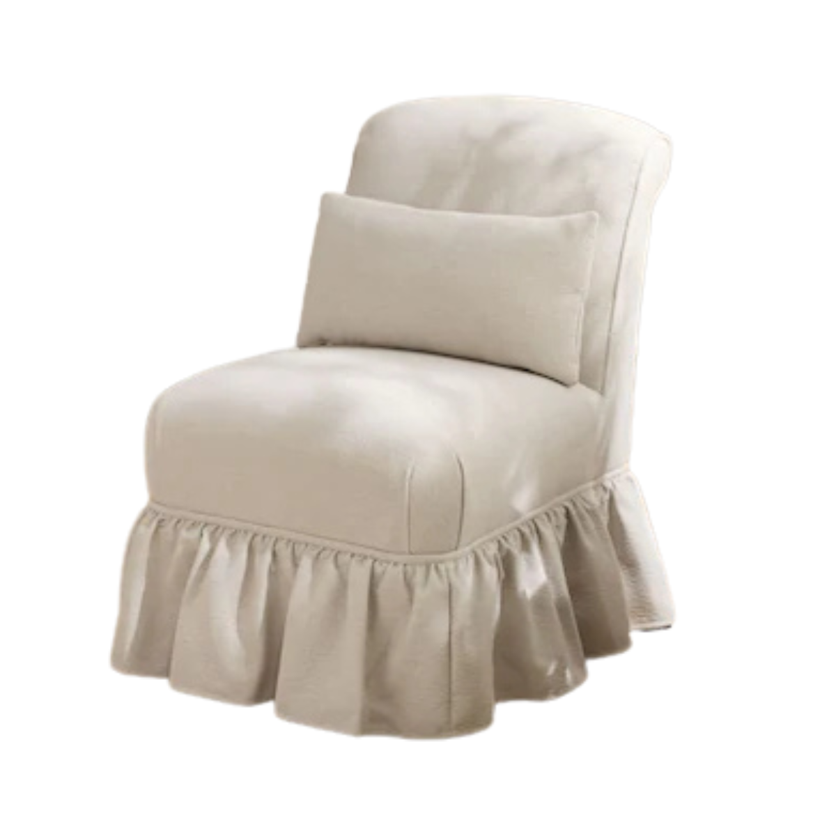a cream linen armless chair with a fringed skirt