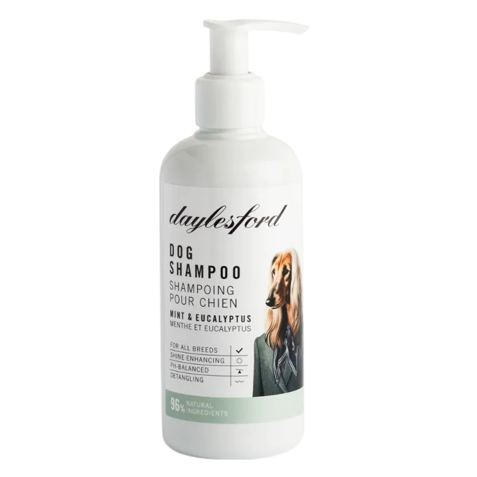 a white bottle of daylesford dog shampoo