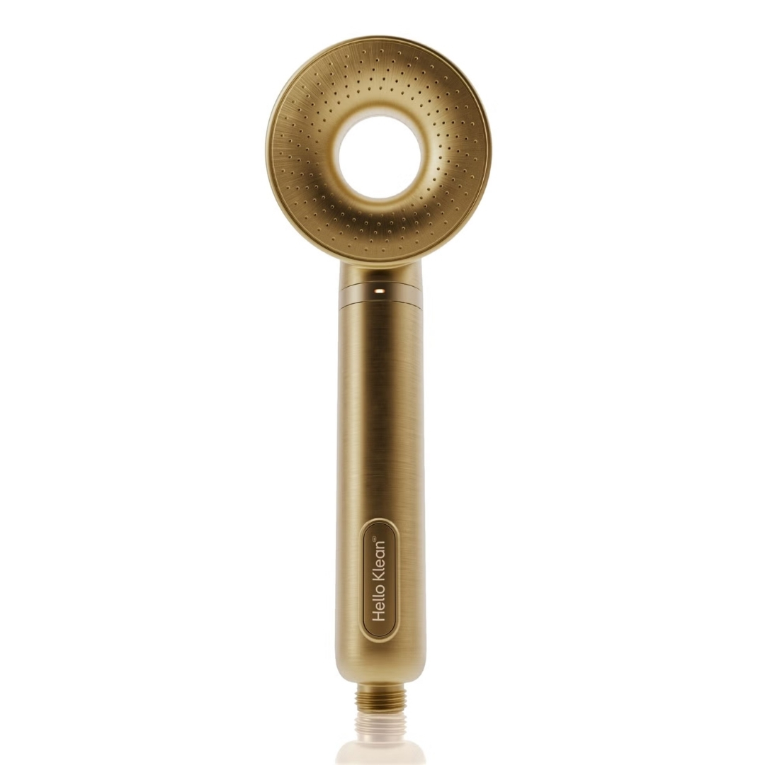 HELLO KLEAN Shower Head plus Brushed Brass limited edition colour pictured on a white background