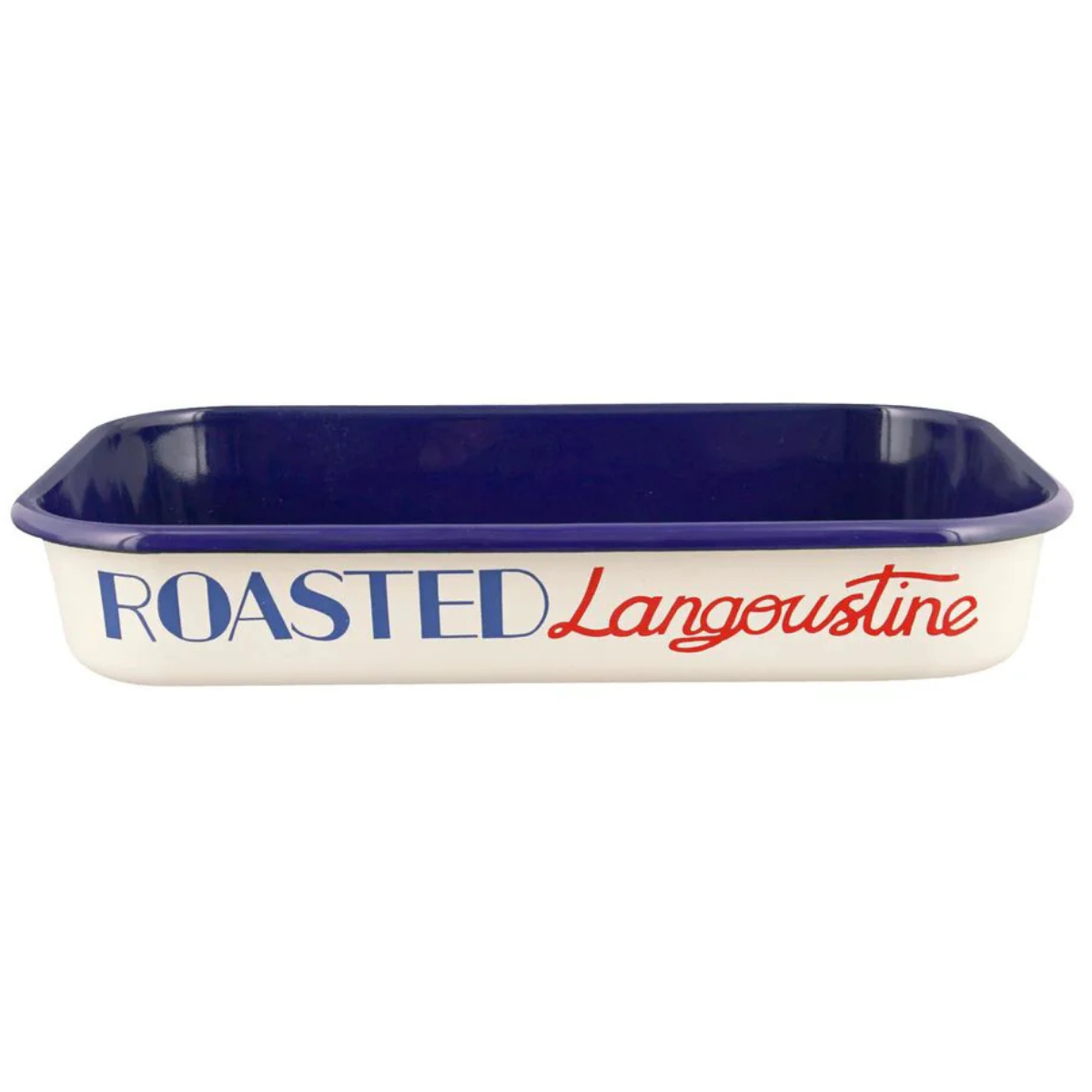 blue and white enamel tea with roasted langoustine writing