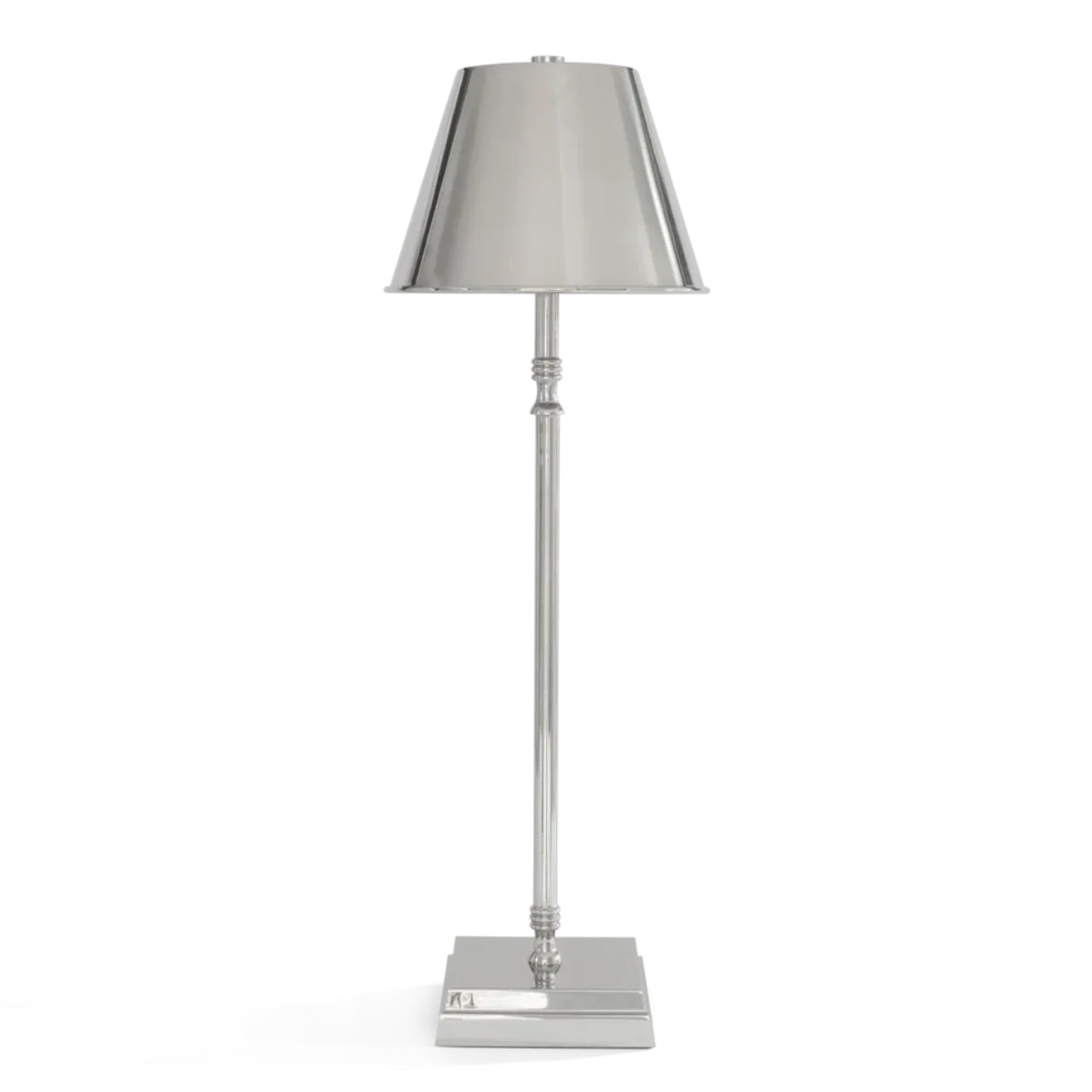 a shiny silver tall wireless lamp
