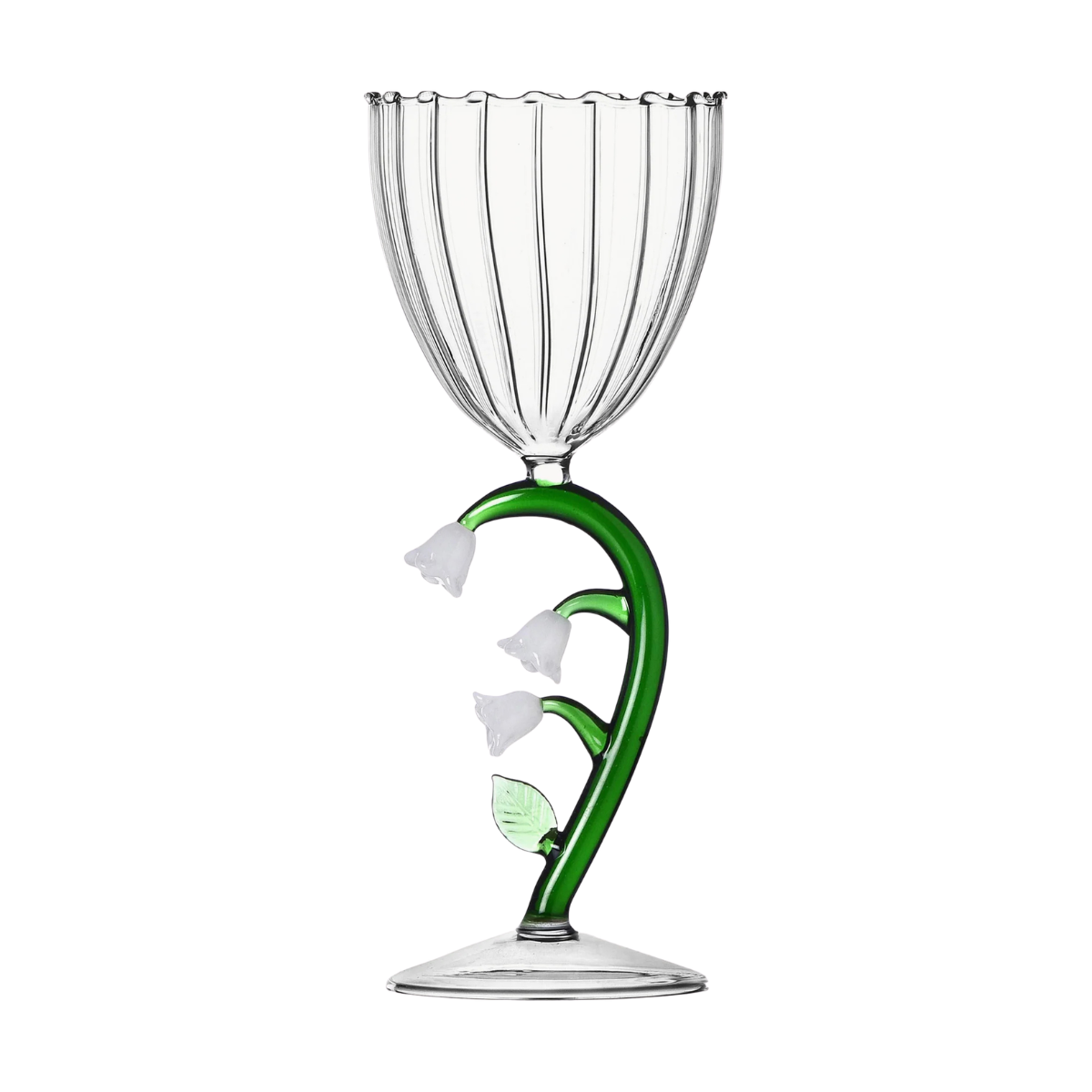 a white wine glass with a green stem that looks like a lily of the valley