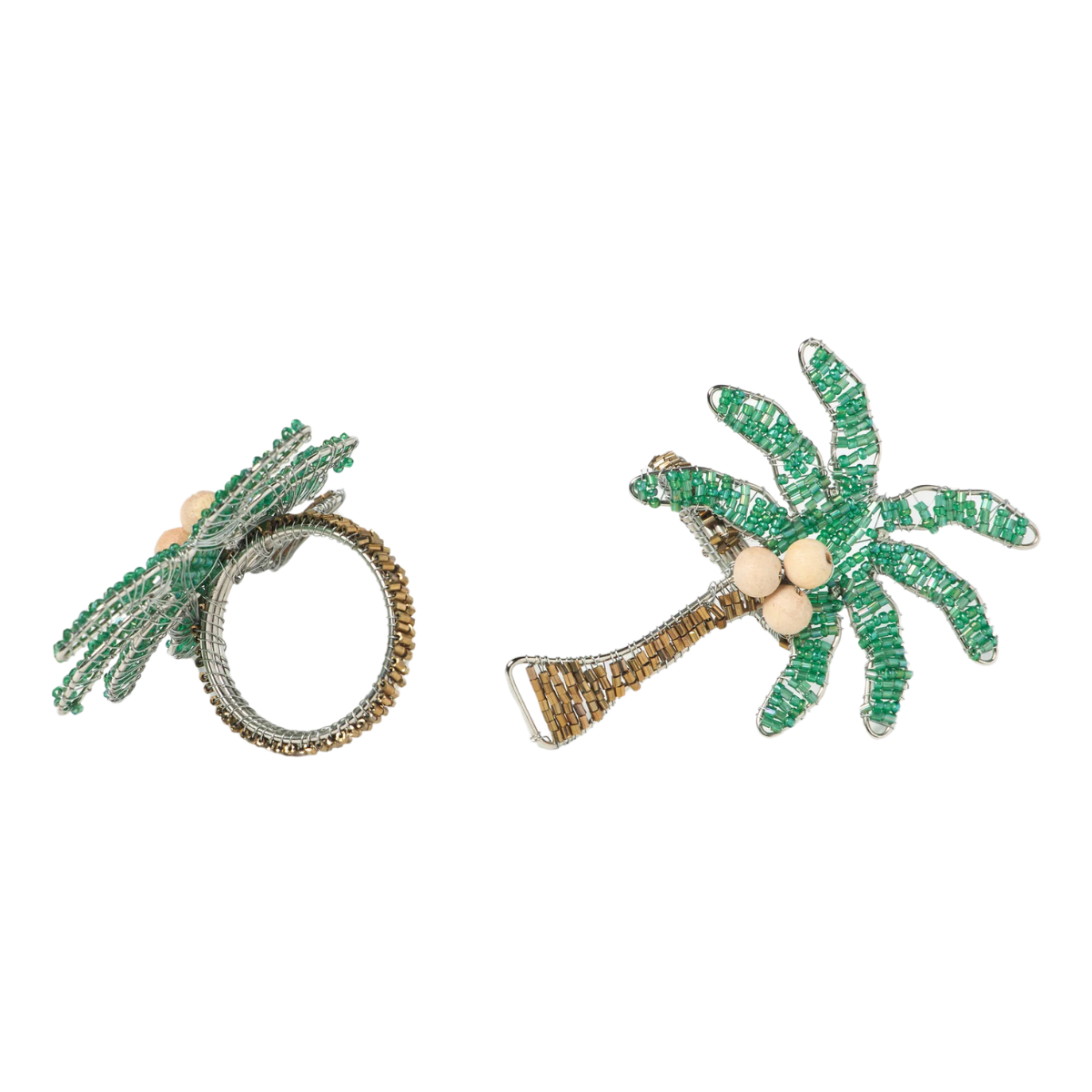 set of two brown and green beaded palm tree napkin rings